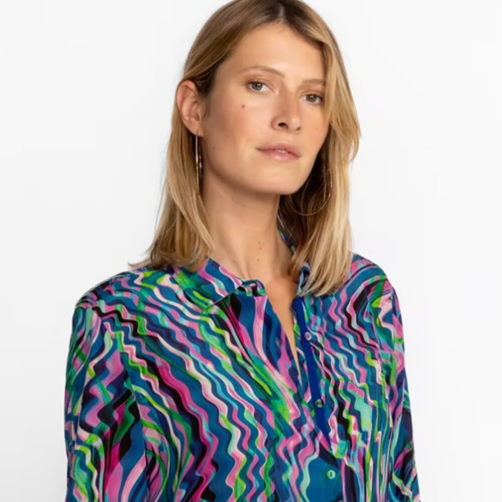 Johnny Was Blue and Pink Swirl Button-Down Shirt - Groovy